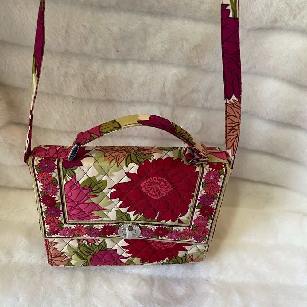 Julia Hello Dahlia Quilted Cloth Satchel/Cross Body bag silver tone hardwares.